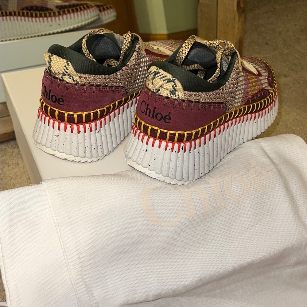 CHLOE NAMA MULTICOLOR COFFEE BROWN WOVEN PLATFORM SNEAKERS IN SIZE 38 EU - Picture 16 of 17